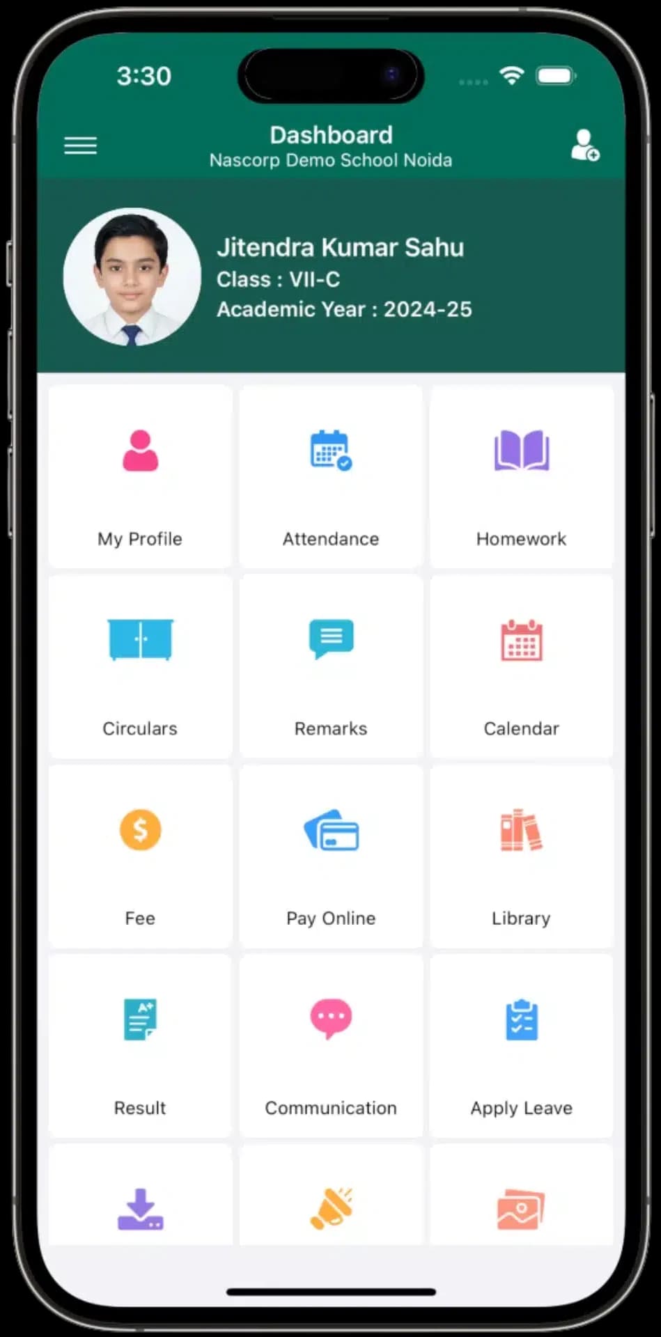 The Udaya Public School app showing the parent dashboard