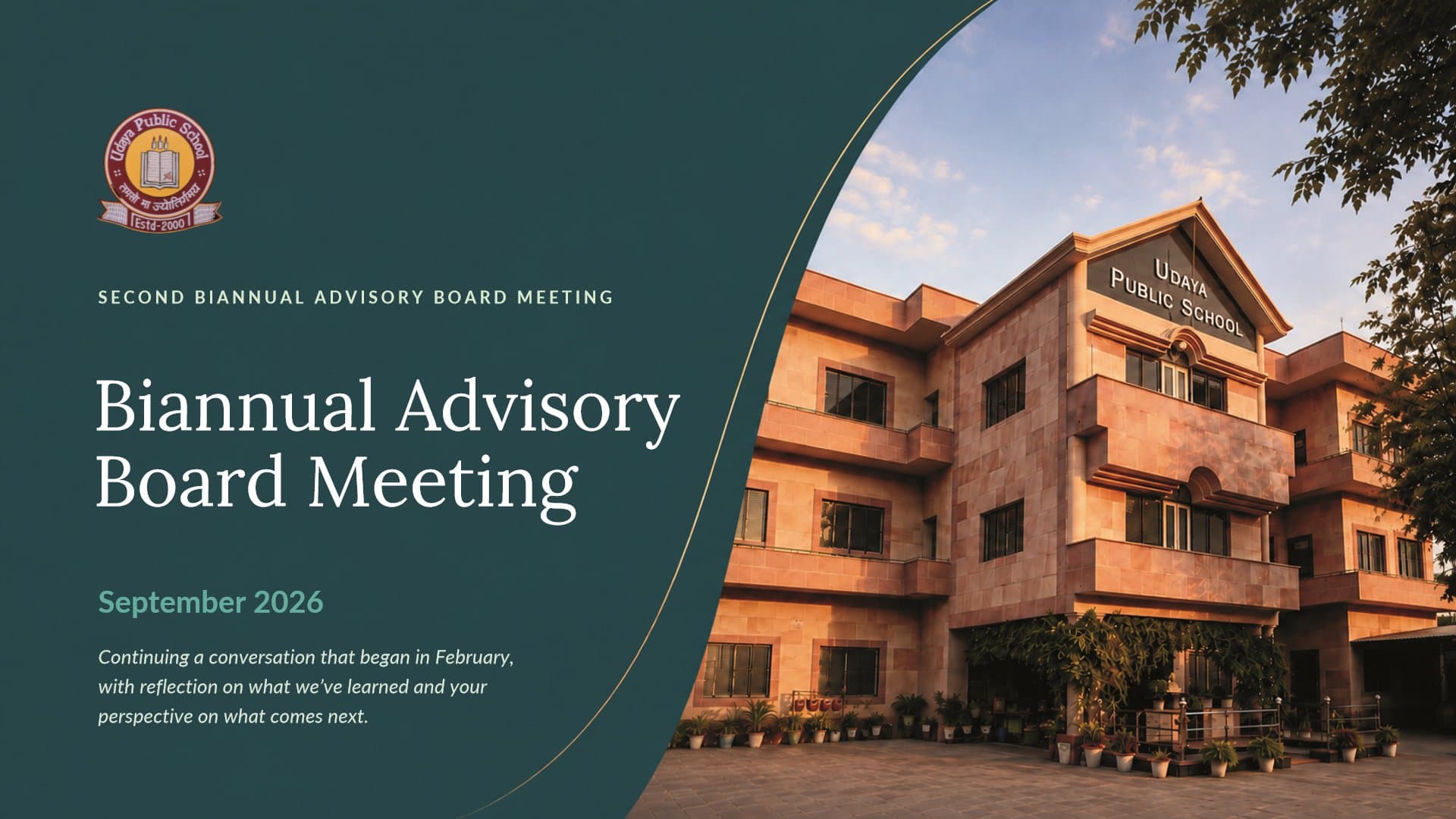 Official title slide of the Second Biannual Advisory Board Meeting, September 2026, showing the Udaya Public School crest and campus building.