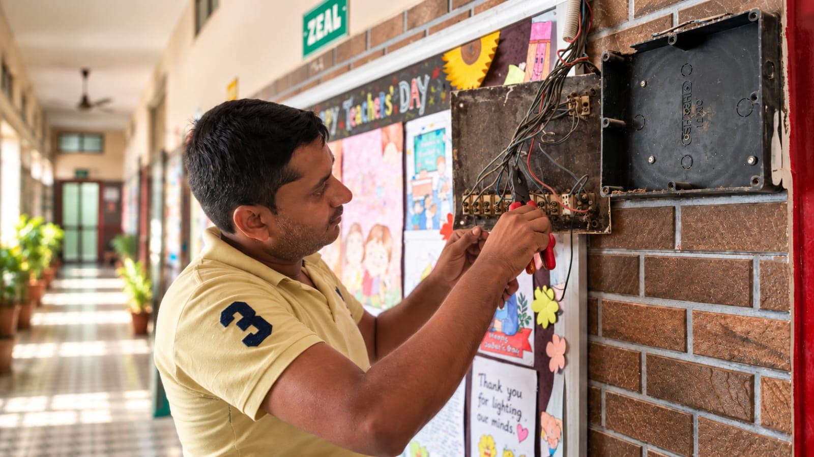 A school electrician working on an electrical panel inside the school corridor.