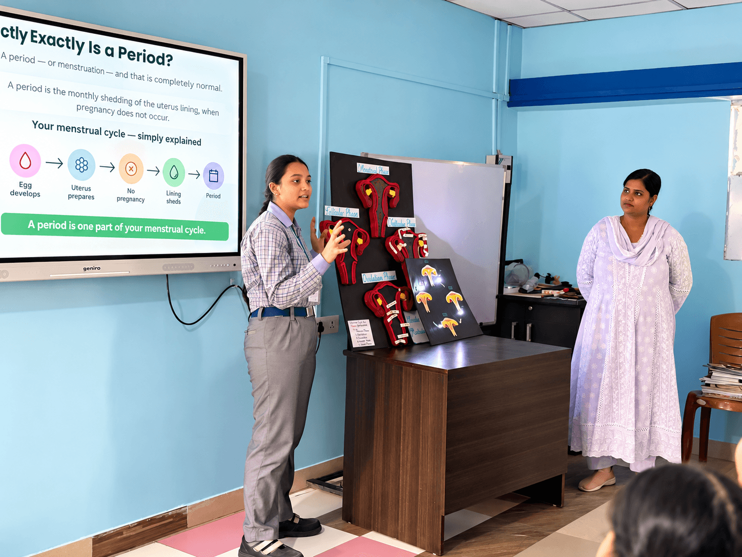 A student presenting a menstruation awareness session at Udaya Public School