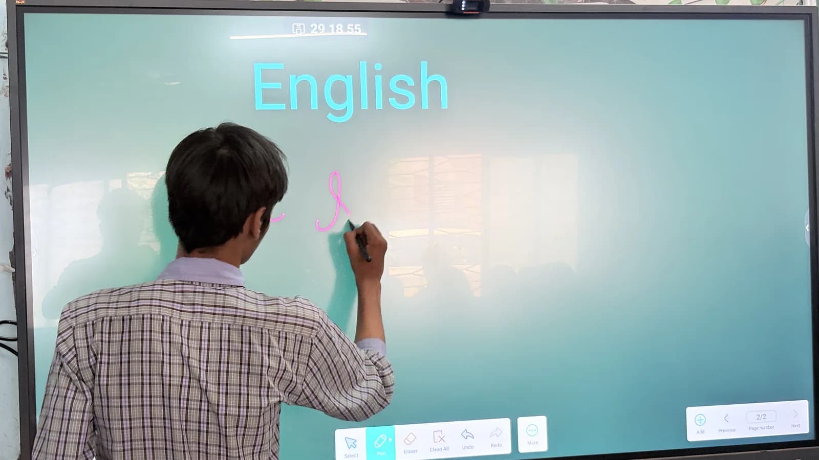 A lesson in progress on an interactive smart board at Udaya Public School, Ayodhya