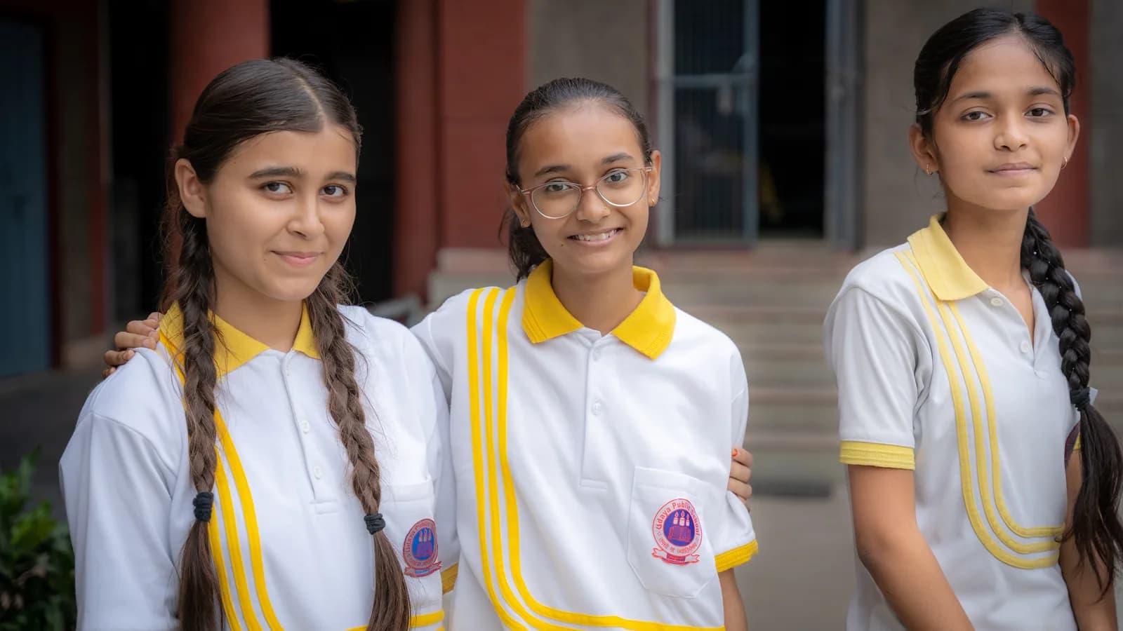 Senior students outside the main building at Udaya Public School, Ayodhya