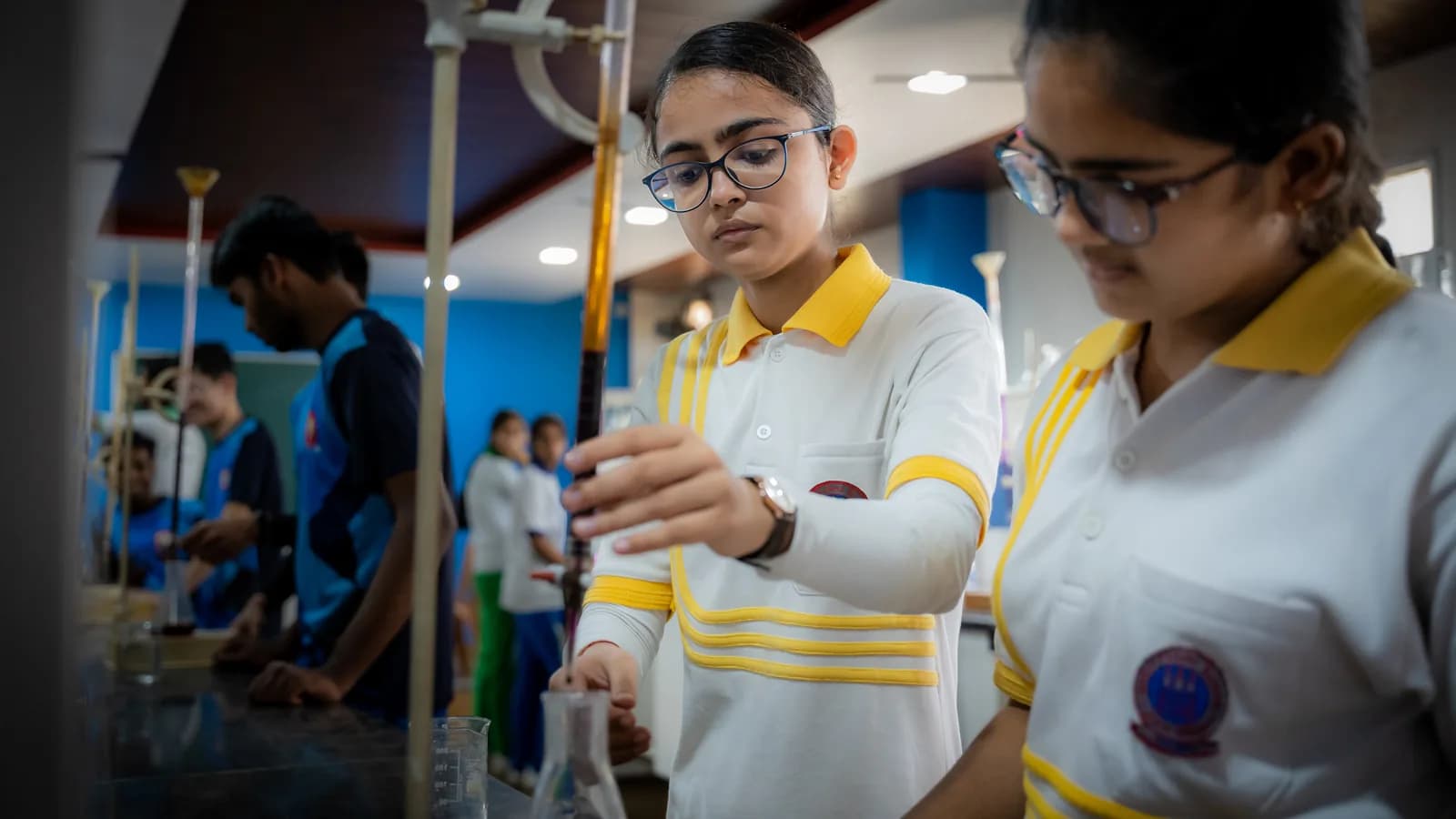 Senior students carrying out a titration in the chemistry lab at Udaya Public School, Ayodhya