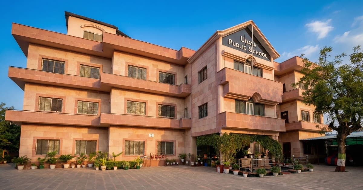 The main building of Udaya Public School on Panchkosi Parikrama Marg, Ayodhya